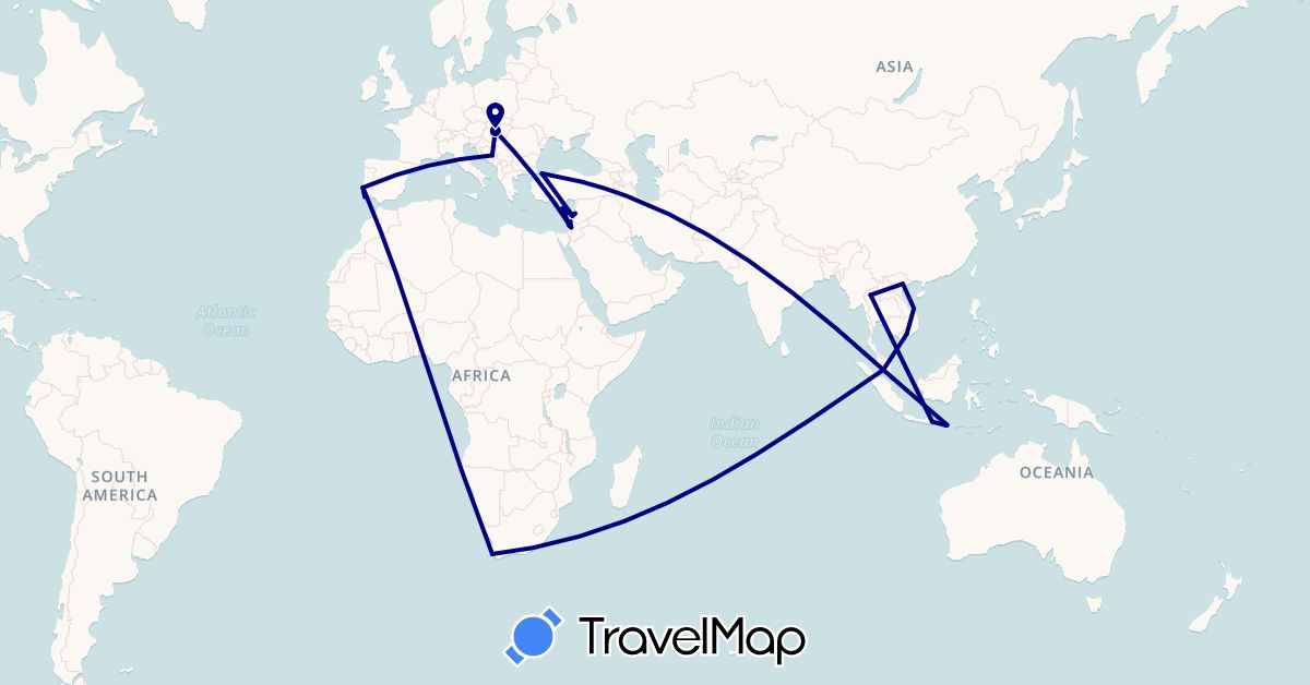 TravelMap itinerary: driving in Bosnia and Herzegovina, Cyprus, Hungary, Indonesia, Israel, Lebanon, Malaysia, Portugal, Singapore, Thailand, Turkey, Vietnam, South Africa (Africa, Asia, Europe)